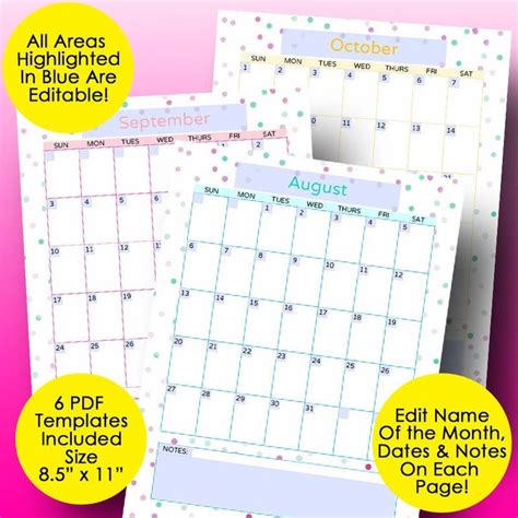 Monthly Calendar Template Editable Calendar Printable - Etsy | Monthly ...