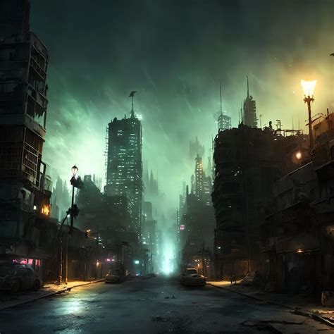 Premium Photo | Post apocalypse city at night generative art by ai