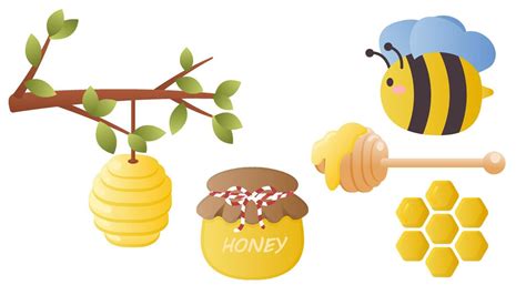 Collection Set Of Cartoon Cute Honey Object Bee Honeycomb Tree Branch