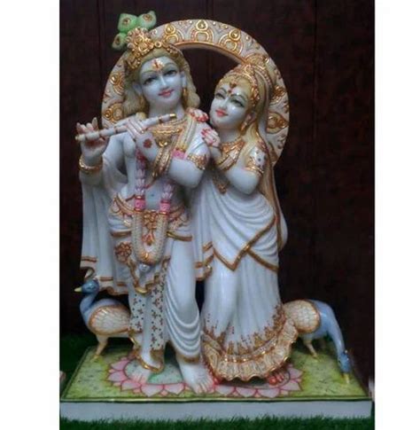 White And Golden Painted Hindu Marble Radha Krishna Statue For Worship