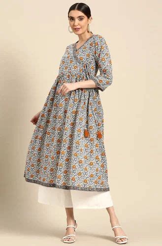 Janasya Womens White Cotton Floral Printed Angrakha Kurta At Rs 749