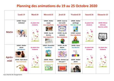 Le planning des animations du 19 10 au 25 10 EHPAD Fouquières