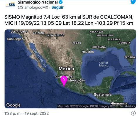 Se Registra Sismo De 74 Grados En El Centro Del País Este 19 De Septiembre De 2022