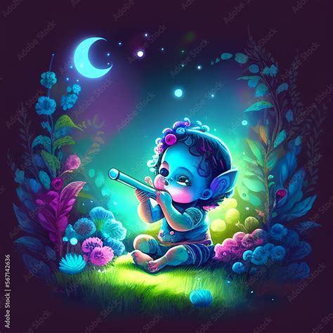 cute little baby God Krishna plays the flute on night on colorful ...