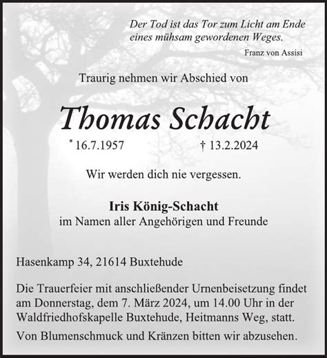 Thomas Schacht Traueranzeige Stader Tageblatt