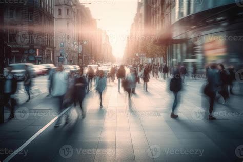 People Walking At City Street Motion Blur Effect Stock Photo