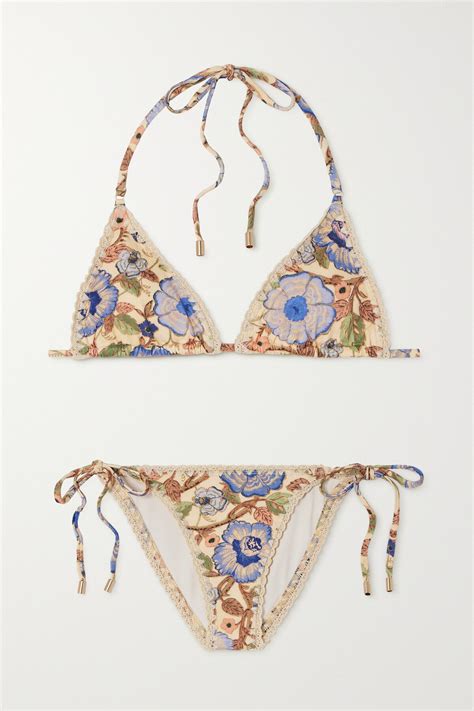 Buy Zimmermann Junie Metallic Crochet Trimmed Floral Print Triangle Bikini Ivory At 29 Off