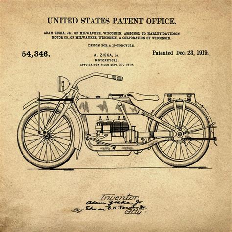 Harley Davidson Motorcycle Patent 1919 In Sepia Poster Canvas Wall