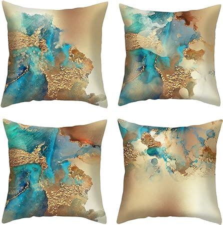 Amazon Jasfura Set Of Teal Gold Throw Pillow Covers Double Side