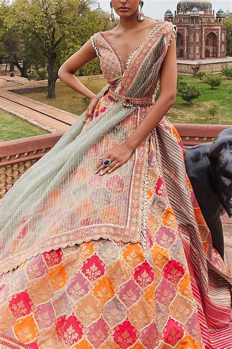 Multi Colored Woven Silk Banarasi Wedding Lehenga Set By Aditi Gupta At