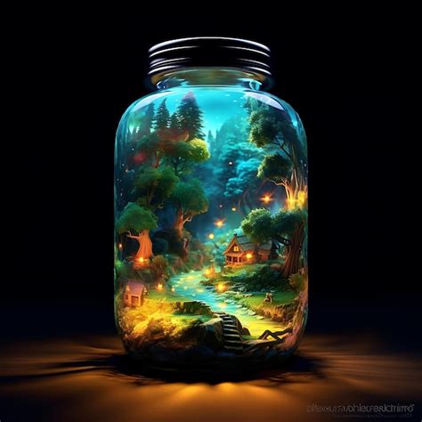 Premium AI Image | A jar that shows a landscape painting inside bottle