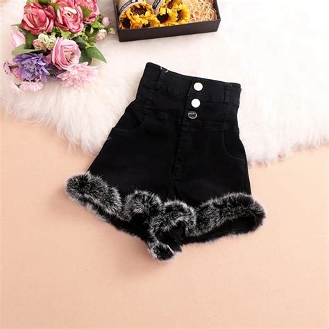 2023 Winter High Waist Furry Denim Shorts Womens Clothing Rabbit Fur