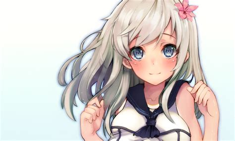 Safebooru 1girl Bare Arms Blonde Hair Blue Eyes Blush Close Up Collarbone Dark Skin Flower