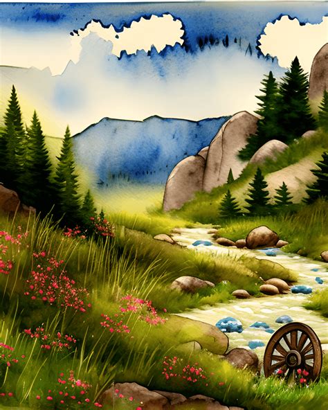 Mountain Meadow with Tiny Flowers and Stream · Creative Fabrica