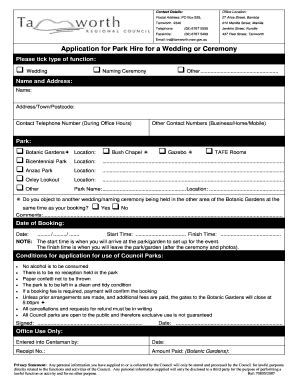 Fillable Online Tamworth Nsw Gov Application For Park Hire For A