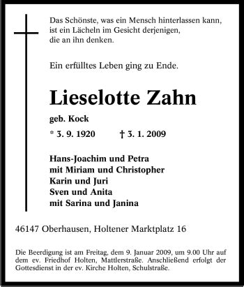 Traueranzeigen Von Lieselotte Zahn Trauer In Nrw De