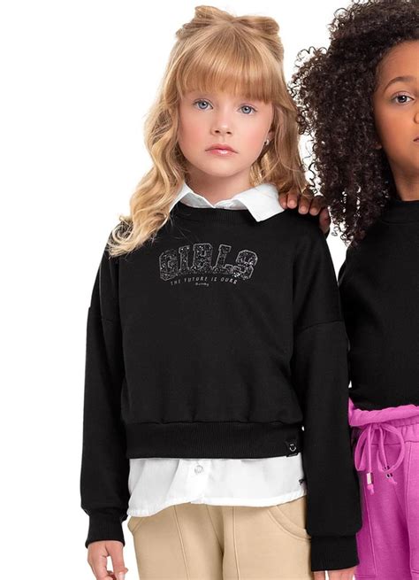 Blus O Cropped Em Moletom Infantil Preto Quimby