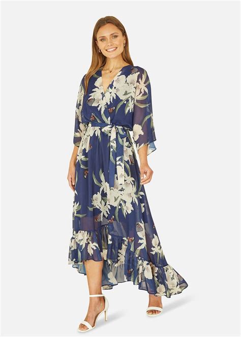 Yumi Floral Print Navy Kimono Midi Wrap Dress Matalan