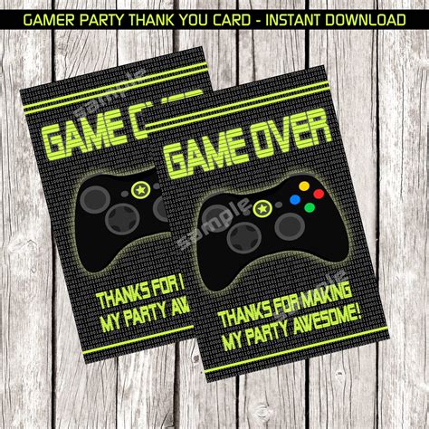 Gamer Thank You Card Video Game Birthday Party Instant