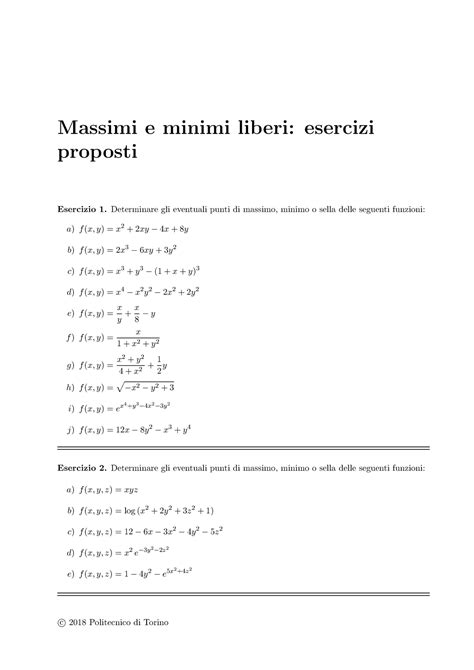 Esercizi Analisiii Massimi E Minimi Liberi Esercizi Proposti