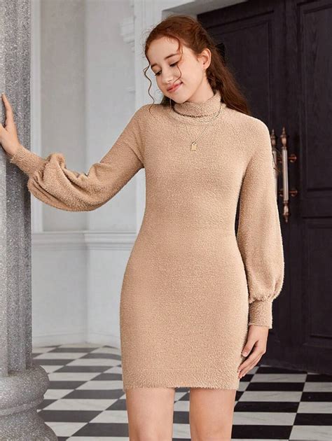 Teen Girl Turtleneck Lantern Sleeve Sweater Dress Shein Usa