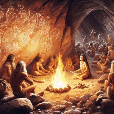 Premium Photo Primitive People Gathered Around A Fire In A Cave