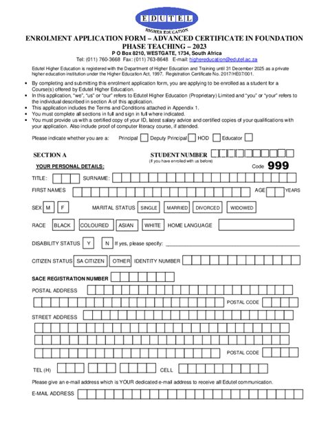 Fillable Online Enrolment Application Form Edutel Co Zaenrolment