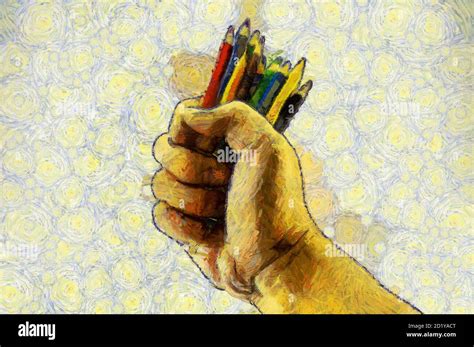 Hand Holding Colored Pencils Illustrations Creates An Impressionist