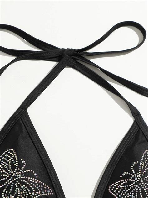 Emmiol Free Shipping 2023 Rhinestone Butterfly Bikini Set Black S In