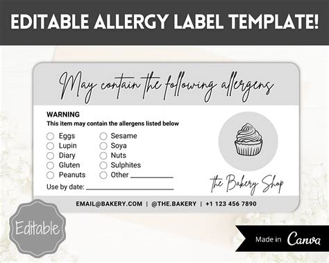 Editable Allergy Label Food Warning Template Rectangle