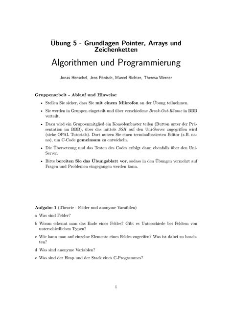 Übung 5 Algorithmen und Programmierung Übung 5 Grundlagen Pointer