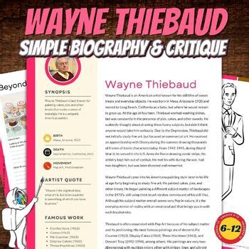 Wayne Thiebaud Biography Sheet Critique Coloring Middle School Art