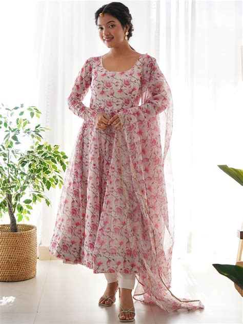 Buy KALINI Floral Printed Round Neck Gotta Patti Floral Anarkali Kurta