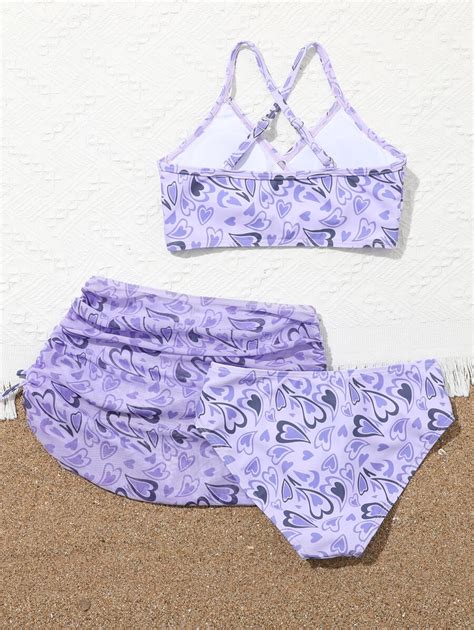 3 packs Ensemble bikini croix avec motif cœur et jupe de plage pour