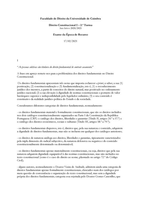 Dto Constitucional I Exame Faculdade De Direito Da Universidade De