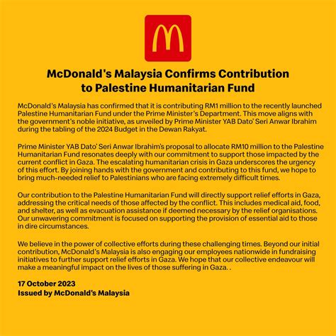 Mcdonald S Malaysia Confirms Contribution To Palestine Humanitarian Fund