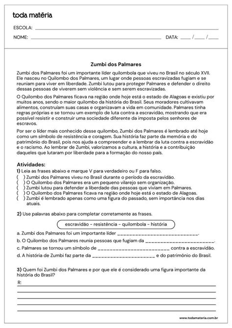 Atividades Sobre Zumbi Dos Palmares 3 Ano - Atividades sobre Zumbi dos Palmares (prontas para imprimir) - Toda Matéria
