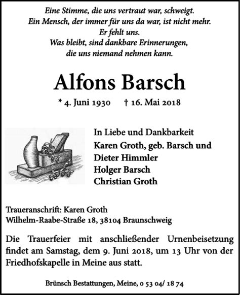 Traueranzeigen Von Alfons Barsch Trauer38 De