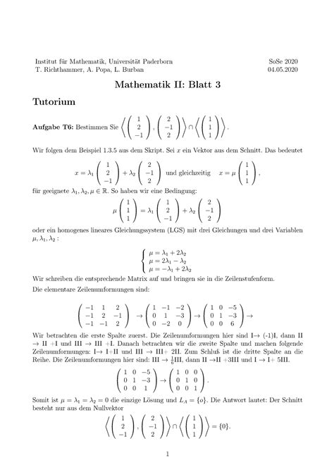 Übung Blatt 3 Lösung Nr 6 Institut für Mathematik Universität