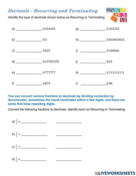 Decimals Recurring And Terminating Online Exercise For Live Worksheets