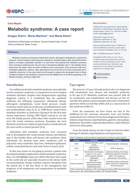 PDF Metabolic Syndrome A Case Report