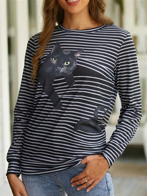 Black Stripe Cat Print Casual Round Neck Long Sleeves T Shirt Azzlee