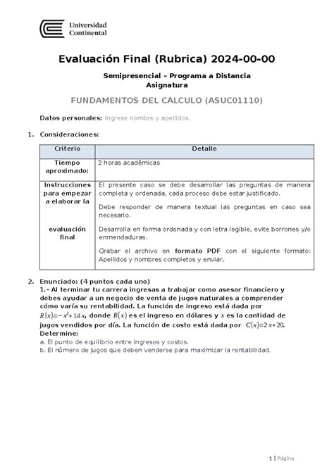 Fundamentos Del Calculo Examen Final Desarrollo Evaluaci N Final