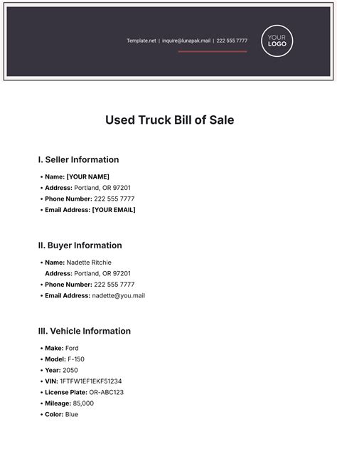 Free Truck Bill Of Sale Templates, Editable and Printable