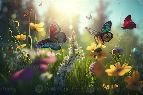 Butterflies Fly Over Field Colorful Flowers On A Sunny Day Wallpaper