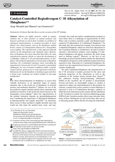 Pdf Catalyst Controlled Regiodivergent Ch Alkynylation Of Thiophenes