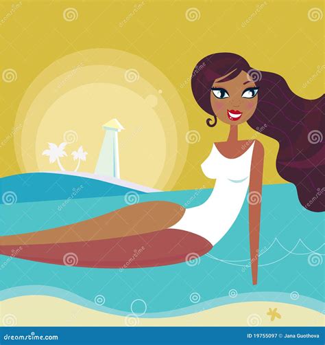 Summer Woman Sun Tanning On Beach Retro Stock Vector Illustration