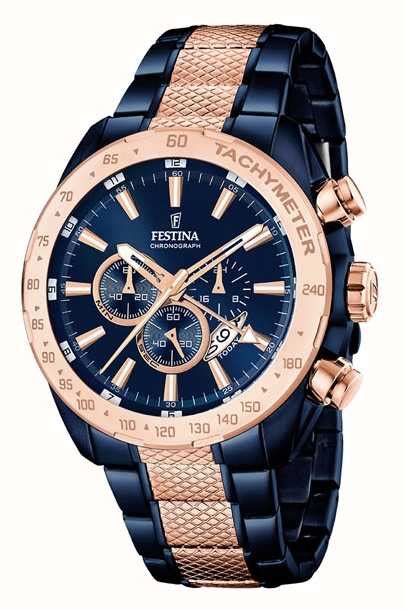 Festina Men S Two Tone Blue Rose Gold Chronograph F16886 1 First Class Watches™