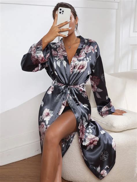 Floral Print Contrast Binding Belted Satin Robe Shein Uk