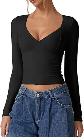 Qinsen Women S Long Sleeve V Neck T Shirts Double Lined Crop Top Seamed